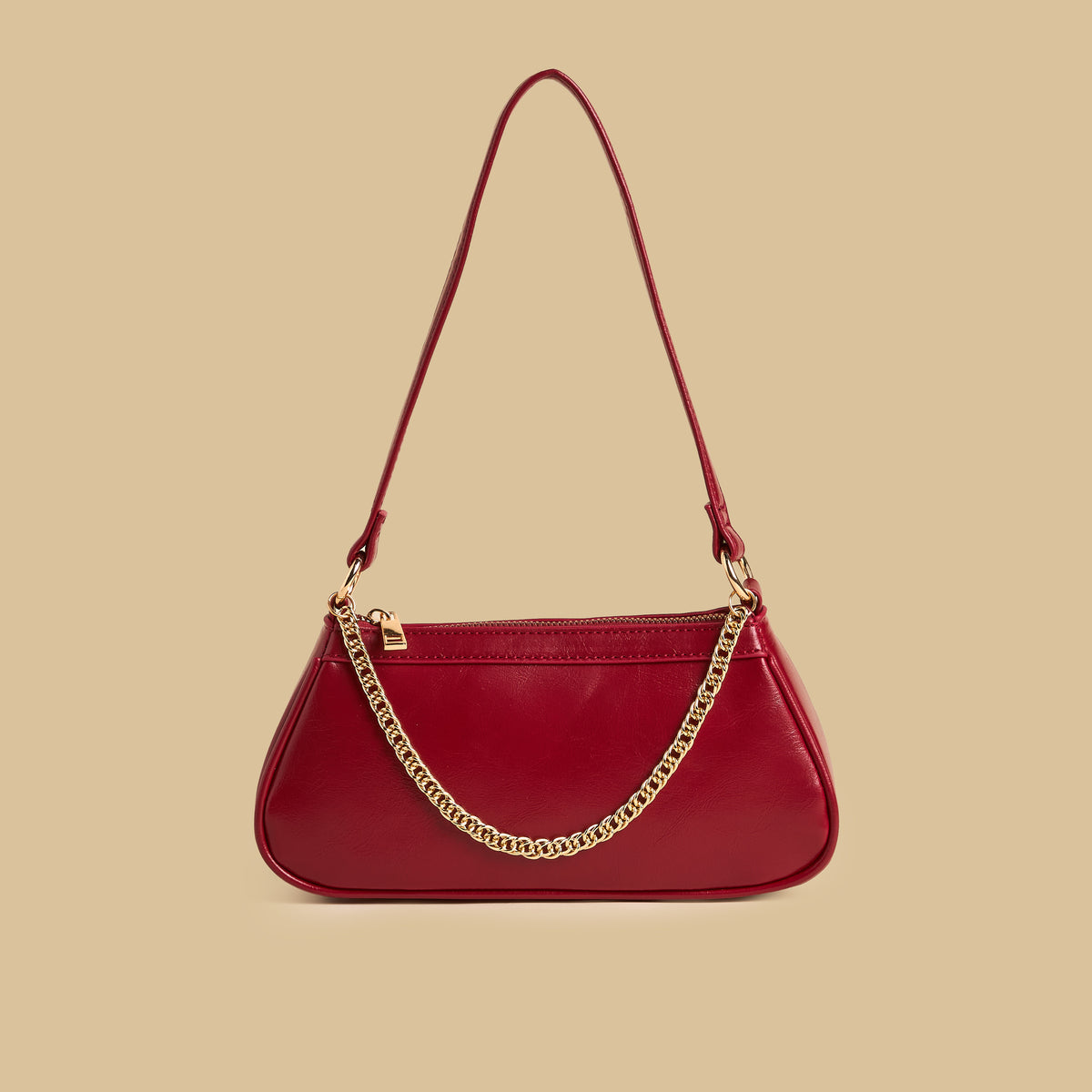Chain Accent Shoulder Bag with Zip Closure - Red