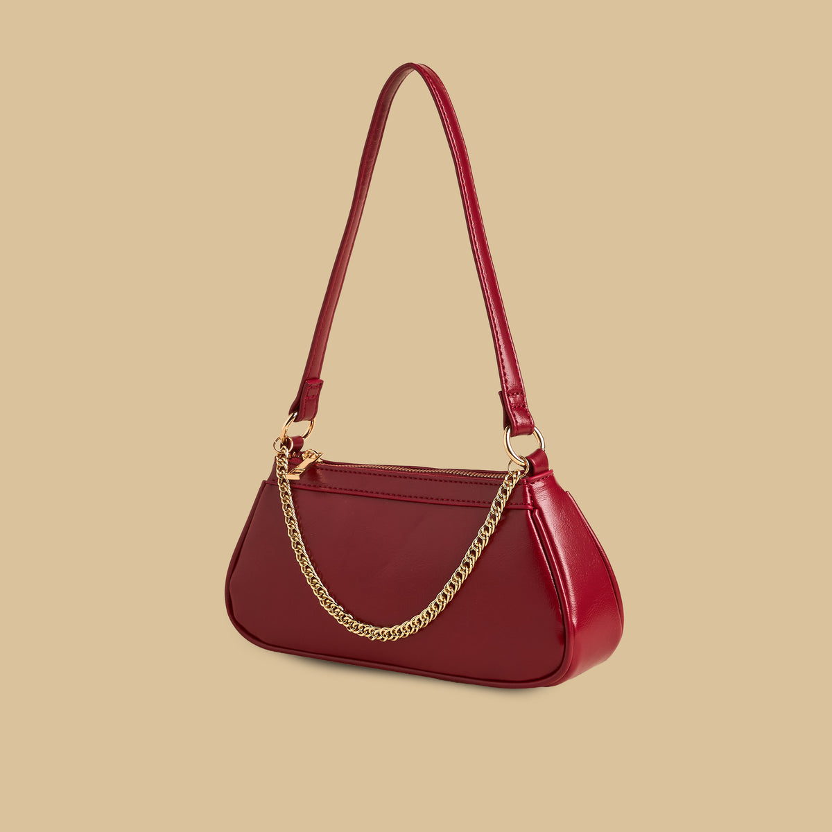 Chain Accent Shoulder Bag with Zip Closure - Red