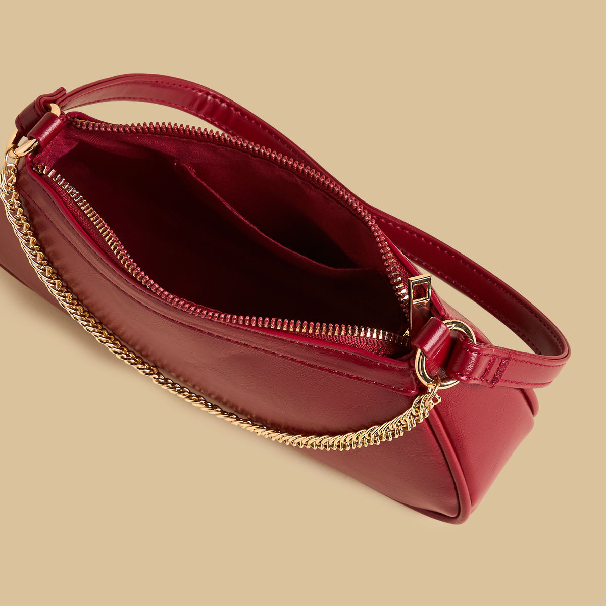 Chain Accent Shoulder Bag with Zip Closure - Red