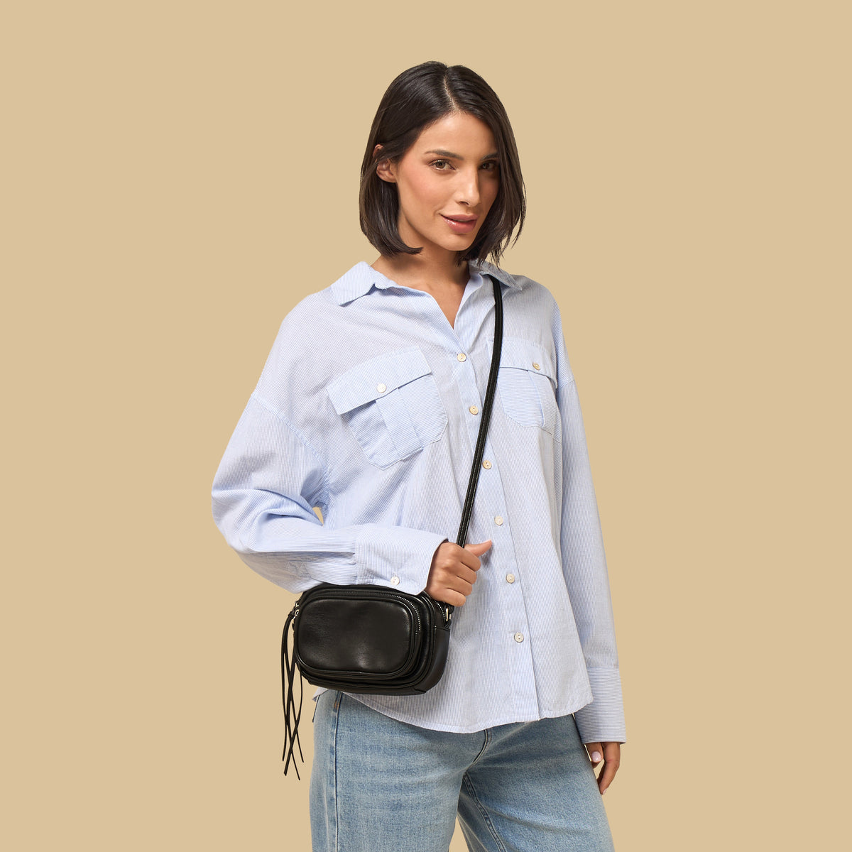 Plain Crossbody Bag with Adjustable Strap - Black